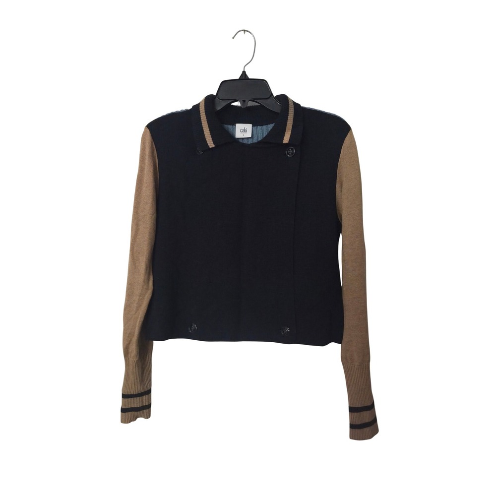 Cabi Colorblock Cardigan Sweater Womens Small Navy Blue Tan Blue Button Front